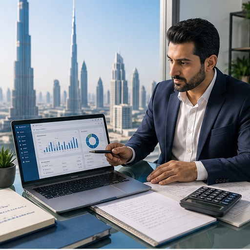 Generated Accounting Software & Support in Dubai, UAE visual for hero service overview with UAE business documents and compliance planning