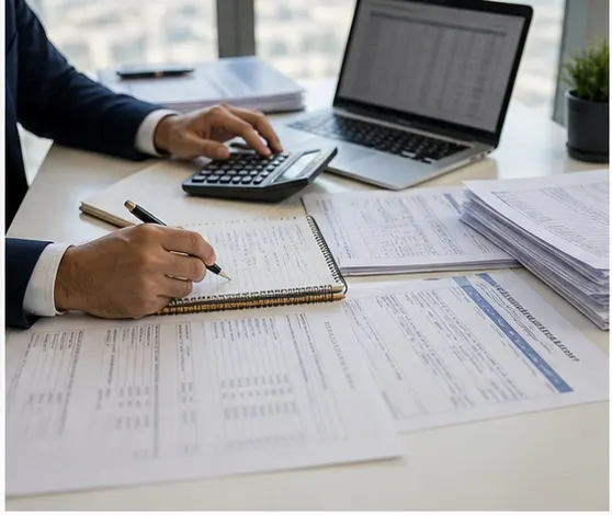 Accountant working through invoices and a calculator