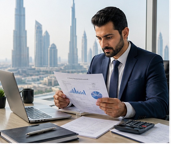 Generated Corporate Tax Consultant in Dubai, UAE visual for hero service overview with UAE business documents and compliance planning