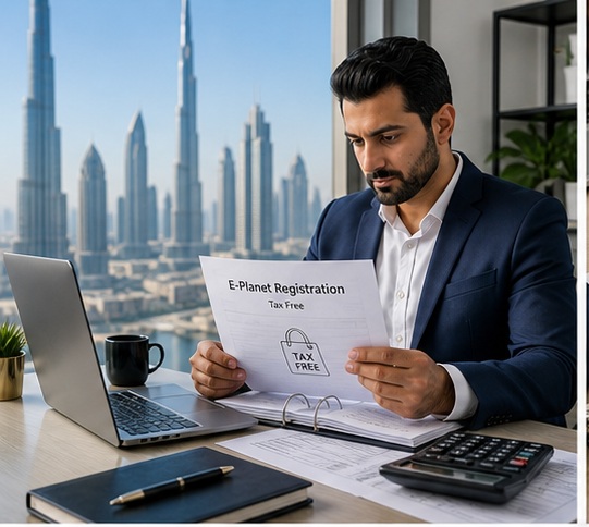 Generated E-Planet Registration (Tax Free) Support in UAE visual for hero service overview with UAE business documents and compliance planning