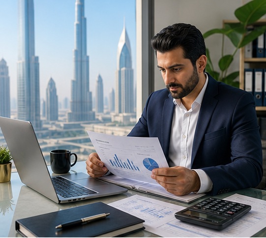 Generated Management Accounting in Dubai, UAE visual for hero service overview with UAE business documents and compliance planning
