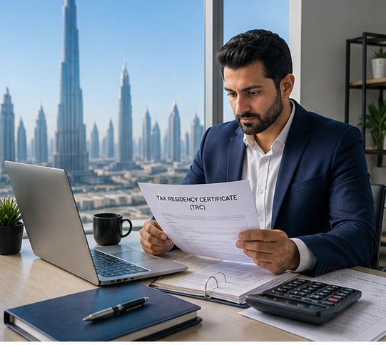 Generated Tax Residency Certificate Support in Dubai, UAE visual for hero service overview with UAE business documents and compliance planning