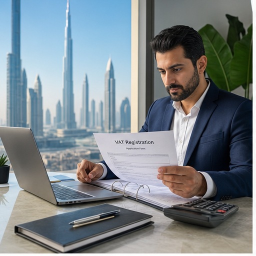 Generated Dubai VAT registration service workspace with documents laptop and compliance checklist