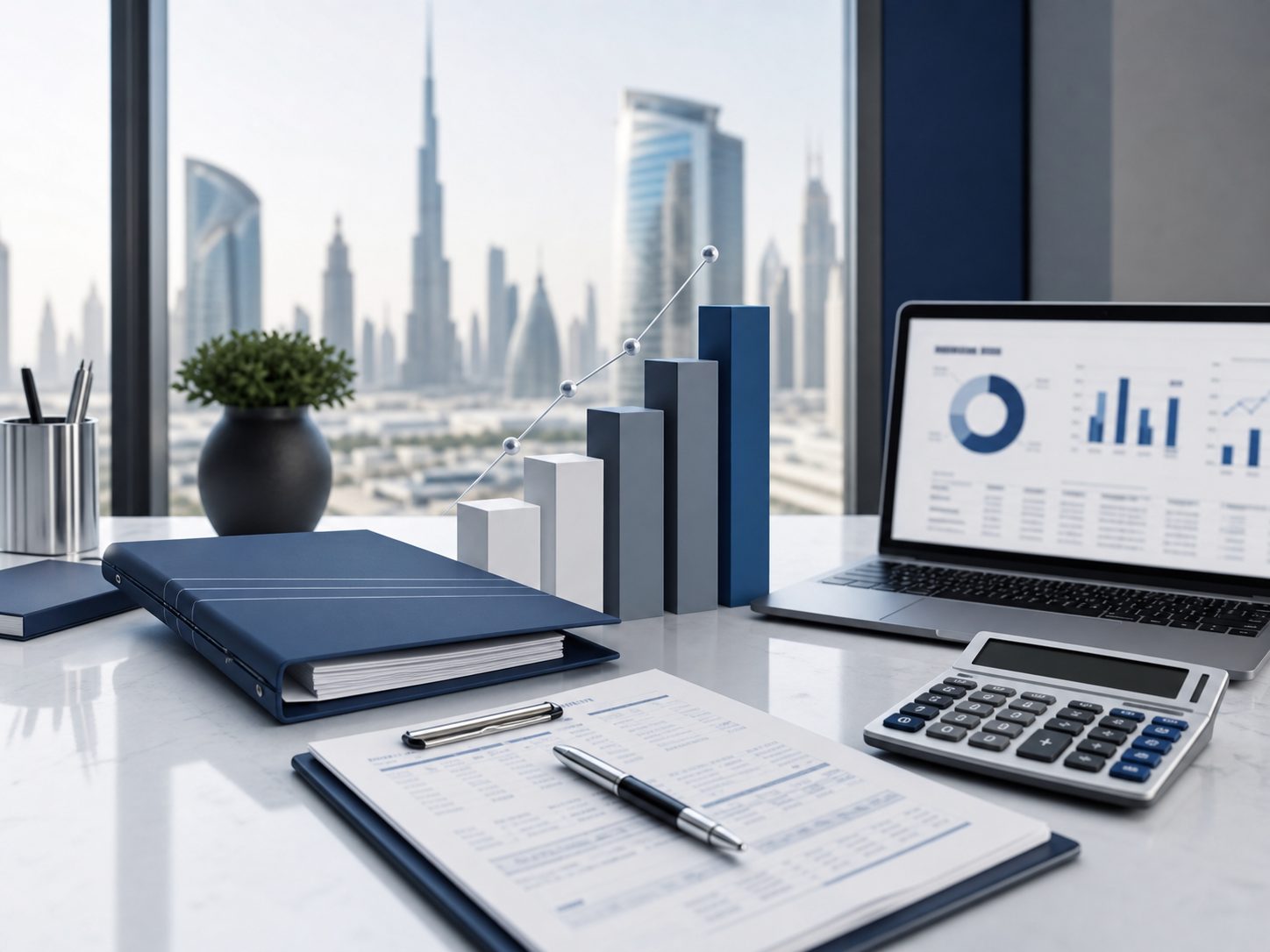 Generated Dubai VAT threshold assessment workspace with calculator charts and business records
